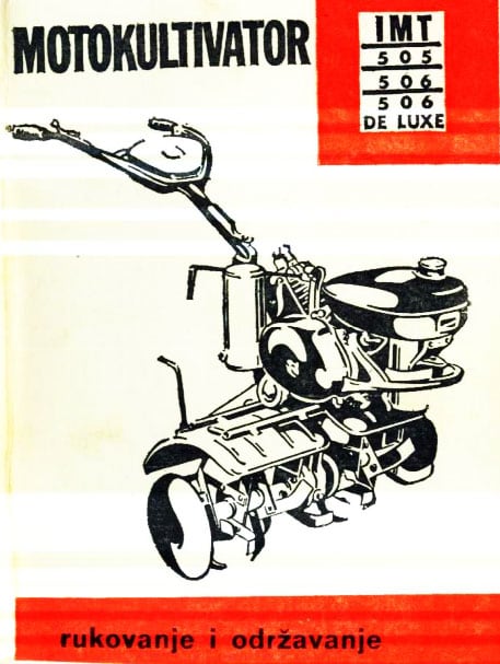 Cover of the IMT 505/506/506 DE LUXE owner's manual, depicting the motokultivator